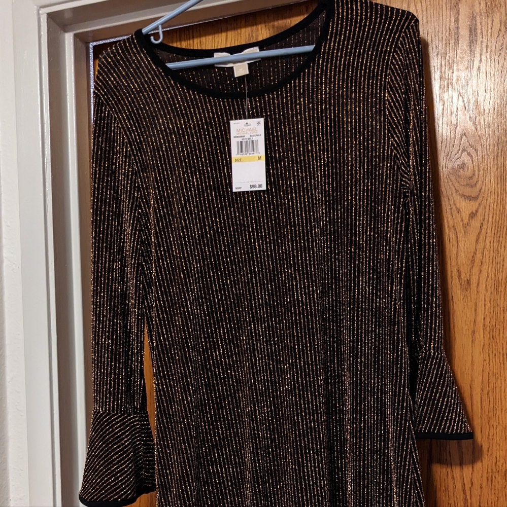 Michael Kors Metallic Glitter Gold Lurex Stripe Flounce Hem Dress, size M